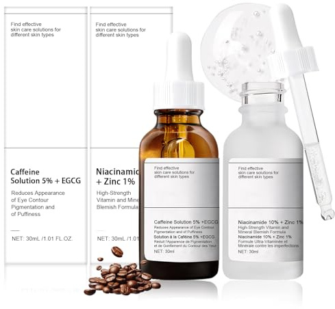 Serum Niacinamida 10% + Zinc 1%, Caffeine Solution 5% + EGCG, Niacinamida Serum Facial, Contorno de Ojos Cafeina, Elimina Bolsas y Ojeras, Calma la Piel, Minimiza los Poros
