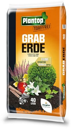 Plantop Graberde torffrei 40,0 Liter – Dunkle, feinkörnige Erde für Grabgestaltung & Gedenkstätten – Kultursubstrat mit Rindenhumus & Kompost – Hohe Wasserspeicherfähigkeit – 40 Liter