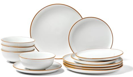 VEVOR Service de table 12 pcs pour 4 personnes, assiettes et bols ronds, vaisselle en céramique résistante aux rayures, pour lave-vaisselle et micro-ondes, pour desserts, salades, soupes, pâtes, blanc