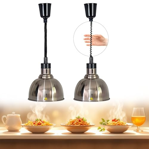 BOVDC Lampada Riscaldante per Alimenti (Acciaio inossidabile-25cm,2 Pezzi) | 250W Lampade Scaldavivande Cucina Regolabile, Lampade Riscaldante Cucina Sospeso 19 cm/25 cm per Ristoranti, Hotel a Buffet