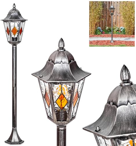 HOFSTEIN Wegeleuchte Lignac, Außenwegeleuchte maus Metall/Glas in Schwarz/Silber/Klar/Orange, Wegelampe Antik/Landhaus/Vintage/Design für Garten, Außenbereich, Hof, 120 cm, E27, IP44