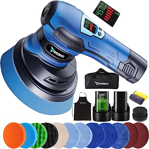 RAYBAO Cordless Polisher, 6INCH Polisher for Car Detailing, 6 Variable Speed to 4500OPM, Random Orbital Polisher with LED Display, Car Polishers and Buffers Kit