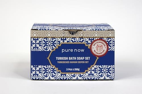 Pure Now Hamam - Set di sapone naturale, 3 x 200 g, 100% olio d'oliva, vegano, fatto a mano, senza profumi, con guanto esfoliante per la pelle sensibile
