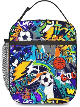 Dszemie Sports Graffiti Lunch Bag, Basketball Soccer Themed Insulated Food Tote, Oxford Fabric Lunch Box Carrier for School Gym Work, Leakproof Cooler Bag with Handle, Colorful Design
