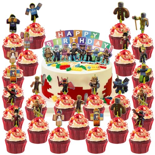 25 Piezas Roblx Cake Topper, Topper Tarta Roblx, Happy Birthday Decoracion, Decoracion Cupcake, Decoraciones de Tartas de Cumpleaños para Juego