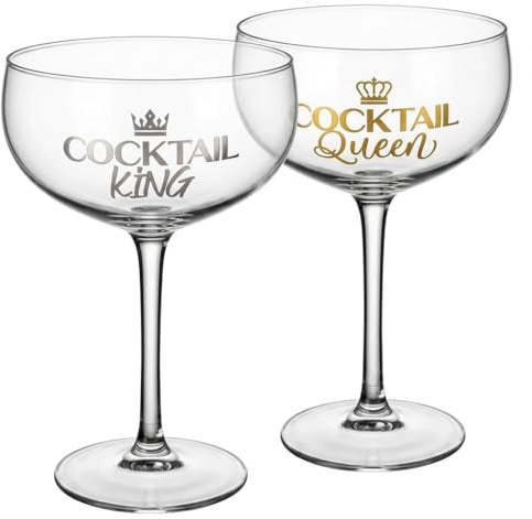 MIJOMA Set di 2 bicchieri da cocktail King & Cocktail Queen, 350 ml, eleganti bicchieri con scritta metallica per coppie e amici