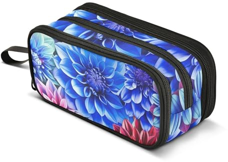 Grande trousse à crayons avec fermeture éclair - Motif fleurs de dahlia vives - Bleu - Pour adolescentes et filles - 22,5 x 9 x 11 cm
