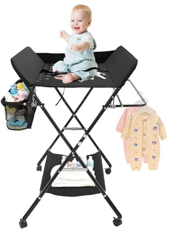 Baby Wickelkombi - klappbare Wickelkommode, Wickeltisch, Wickeltische, Wickelauflage mit Sicherheitsgurt, Wickelregal mit Wasserabweisender Ablagefläche mit Aufbewahrungskorb, Höhenverstellbare