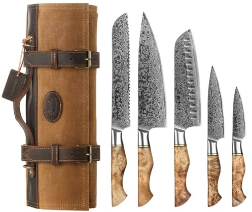 HEZHEN 5 Piezas Set Cuchillo Cocina de Acero de Damasco con Bolsa de Lona para Cuchillos