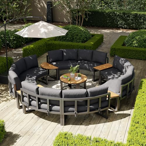 A ALFRESCOOL Gartenlounge Outdoor, Gartenmöbel-Set, Lounge Möbel Outdoor, Rundes Sofa, für 8-12 Personen, mit Grauen Sitzpolstern & Kissen, 3 Tische, Verstellbare Beine, 288×60×77cm (Grau)