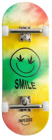 Inpeddo Fingerboard Smile Tie Dye 34mm 3rd Gen Komplettset – 5 Lagen Canadian Maple Deck, CNC Wheels mit Kugellager, 100mm Mini Skateboard, Foam Grip Tape, Single Axle Trucks, inkl. Tool & Extra Grip