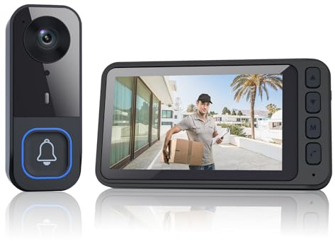 Sonnette Sans Fil Avec Camera Longue Portée IP65, Sonnette Sans Fil Exterieur Etanche Interphone Video Sans Fil 4,5 Pouces, Interphone Sans Fil Sans WLAN Vision Nocturne Infrarouge, Sans WiFi/Sans App