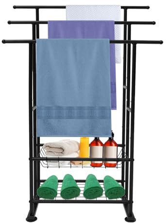 Toallero de pie, color negro, escalera de 3 niveles, toallero independiente, soporte para toallas con suelo de rejilla y patas ajustables, torre de ropa para salón, baño