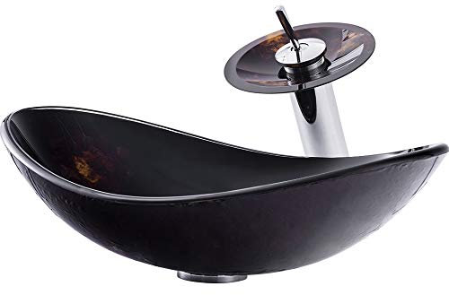 HomeLava Modern Waschbecken Set Gehärtetes Glas Waschtisch Aufsatzwaschbecken Oval mit Wasserfall Armatur Bad