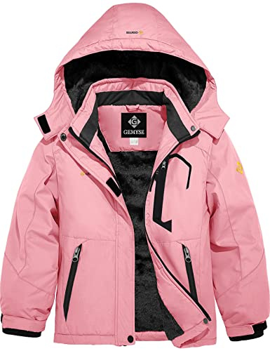 GEMYSE Vattentät skidjacka för flickor, av vindtät fleece, vinterjacka/regnjacka med huva för utomhus, ROSA, 128/134 cm