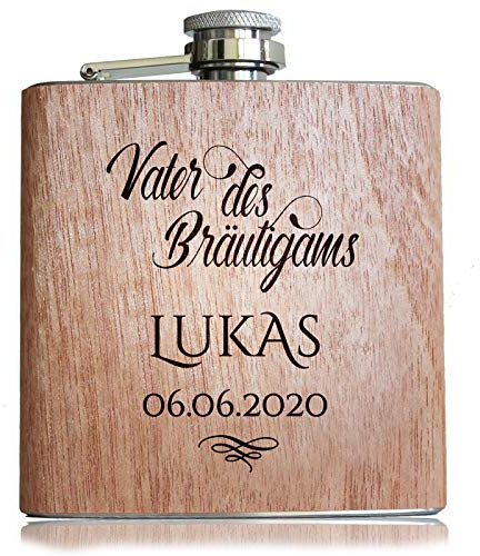 Pixelstudio Bräutigamvater Geschenk Holz Flachmann Vater des Bräutigams Geschenkidee Hochzeit Bester Papa persönliche Gravur Name