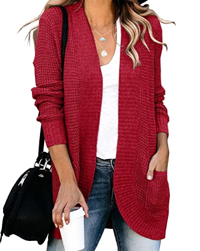 Cárdigan holgado para mujer de Saodimallsu con frente abierto, manga larga, suéter suave y ligero con bolsillos, Rojo vino, S