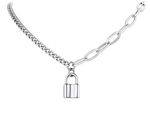 FindChic Damen Kette mit Schloss Anhänger Edelstahl statment Schlossform Halskette Schloss Armskette mit kostenlos Schmuckbox für Mama Freundin Ehefrau