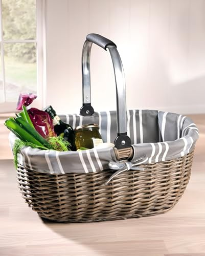 Dekoleidenschaft Einkaufskorb Grey aus Weide geflochten, mit umlegbarem Henkel, 45x30 cm groß, Tragekorb, Weidenkorb, Flechtkorb, Picknickkorb, Auto-Korb, SB-Korb, Shopper