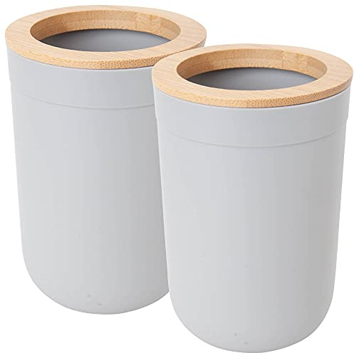 BERILO 2er Set Zahnputzbecher/Zahnbürstenhalter mit Bambusrand Holz, abnehmbar - 11,5 x 7,5 cm - grau (2 Stück)