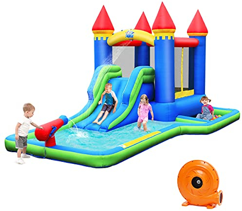 COSTWAY Aufblasbarer Wasserrutsche Park mit Hüpfburg, Spielpool Springburg mit Rutsche Kletterwand Ozeanbälle Sprungbereich, Wasserspielcenter Planschbecken Wasserpark, 480 x 280 x 230cm