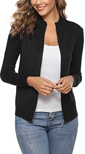 Aottori Cardigan Zippé Femmes à Manches Longues Veste en Maille Manteau Col Montant Sweat-Shirt Côtelé Pull Casual Noir M