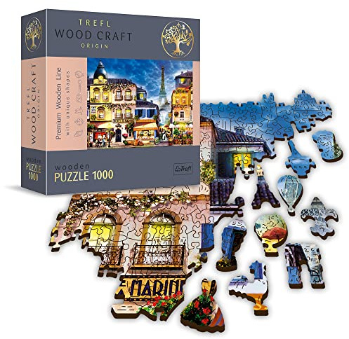Trefl - Holzpuzzle, Französische Straße - 1000 Teile, Wood Craft, unregelmäßige Formen, 100 Figuren französischer Denkmäler und Symbole, modernes Puzzle, DIY, holzpuzzle Erwachsene