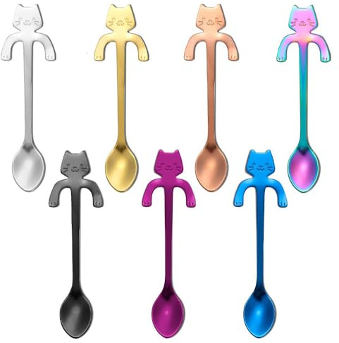 Lowats Katzen Löffel Set - 7 Stück Edelstahl Hängendes Design Teelöffel für Dessert und Kaffee