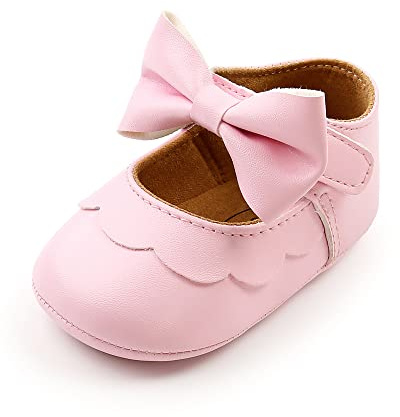MASOCIO Baby Girl Shoes Infant Girls First Walking Pram Crib Bow Mary Jane Shoes Size 4 UK Child 12-18 Months Pink