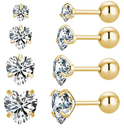 4 Paar Stern-Herz-Quadrat-Ohrstecker mit Schraubverschluss, 18 Karat vergoldeter chirurgischer Edelstahl Zirkonia-Ohrstecker 3-6 mm