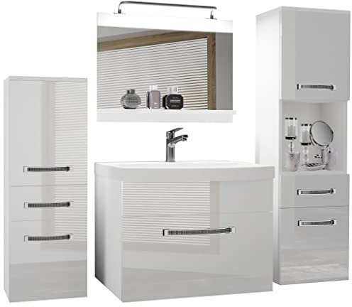 BELINI Meuble de Salle de Bain | Lavabo Inclus, Meuble sous-Vasque, Miroir et 2X Cabinet | Largeur: 140 cm | Kit d'éclairage Inclus | Couleur : Blanc très Brillant