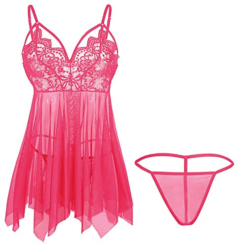 Giorzio Women Lingerie Lace Babydoll V Neck Sleepwear Strap Chemise Rose Red, M