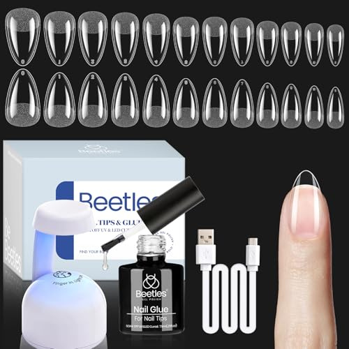 Beetles Gel Nail Kit Etch-X, Almond Short, 504pcs 12 Sizes Nail tips, with 9 in 1 Nail Glue Mini LED Light, Acrylic Half Matte Tips Press On Nail, Extension DIY Set at Home, Gift for Women & Girls