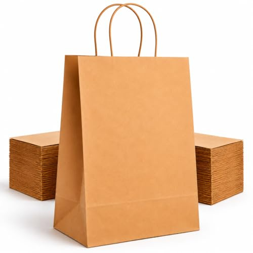 HURUC 20 Pcs Brown Paper Bags With Handles,130GSM Large Paper Gift Bags for Present, Eco-Friendly Kraft Carrier Bags, Christmas, Easter, Birthday Parties,25x31x12cm