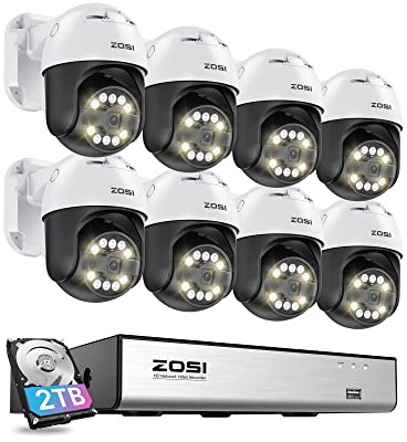 ZOSI 5MP PoE Überwachungskamera Set Aussen, 8X 355°/140° Schwenkbar IP Dome Kamera und 8CH 5MP PoE NVR mit 2TB HDD, 2-Wege-Audio, Ton- und Lichtalarm