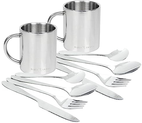 Black Snake® Edelstahl Thermo Tasse Feldtasse mit 'Lunch' Camping Essbesteck - 2 Personen - Set