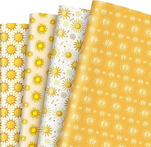 Whaline 12 Sheet Boho Sun Watercolor Wrapping Paper 4 Design Summer Sunshine Gift Wrap Bulk 19.7 x 27.6 Inch Yellow Folded Flat Paper for Birthday Baby Shower Party Crafts Gift Decoration