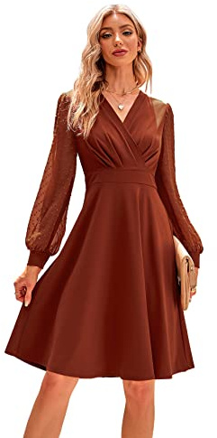 Odizli Rockabilly Kleider Damen 50er Jahre Herbst Vintage Elegant Retro Mesh Polka Dot Langarm V-Ausschnitt Swing Knielang Coctailkleid Festlich Hochzeit Hochzeitsgast Kurz Abendkleid Braun M