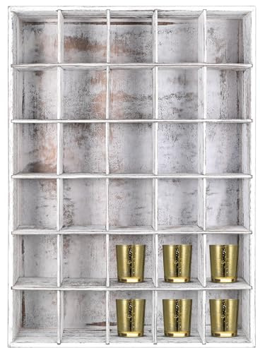 Wenqik 1 Pcs Shot Glass Display Case for Wall 30 Slots Case Wooden Shot Glass Holder Display Rustic Shelf Collection Display Rack Freestanding(Old White)