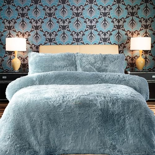 PARADISE STAR Teddy Fleece Duvet Quilt Cover Bedding Set With Matching Pillowcase Fluffy Thermal Warm and Cosy Mind Blue King 230cm x 220cm Approximate