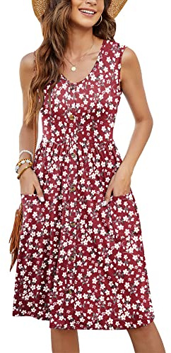 MOLERANI Femmes Robes d'été sans Manches Casual Lâche Swing Button Down Robe Midi avec Poches Rouge Floral M