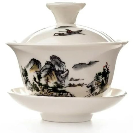 SELCOA Mini Travel Gaiwan, sopera de té de Estilo Chino, vajilla de Porcelana Azul y Blanca, tazón de té Puer de cerámica, Taza con Tapa y Bandeja