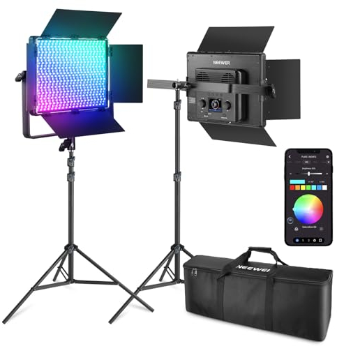 NEEWER Juego de 2 Luces LED de vídeo PL60C RGB, Panel de luz Continua, con trípode de 2 m, Funda App/2,4 G/DMX, Control 60 W, 23000 Lux/0,5 m, 2500 K-10000 K, 18 escenas RGBCW Pro, iluminación de