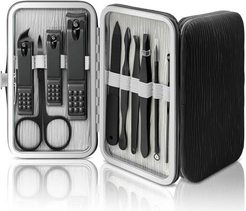 10 in 1 Maniküre Set, Professionelles Nagelset Maniküre, Nagelknipser Set Männer Frauen, Pediküre Set Schwarz mit Leder-Reiseetui, Fingernagel Pflege Set für Freunde-Eltern-Geschenk
