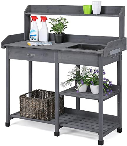 Yaheetech Garden Potting Table Wood Potting Bench Removable Sink Drawer Planting Germination Workstation w/Open Shelves & Side Hooks for Patio Balcony Yard Lawn-Grey