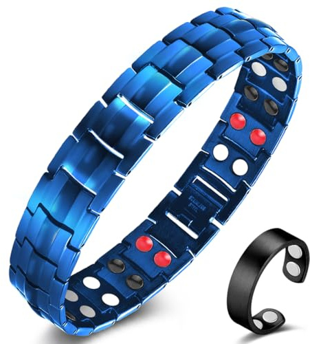 Cigmag Magnetarmband Herren Edelstahl 4 Elemente Magnete Verstellbar | 3500 Gauß, Titanstahl, blau, wasserdicht, inklusive Magnetring, Einstellwerkzeug und Geschenkbox
