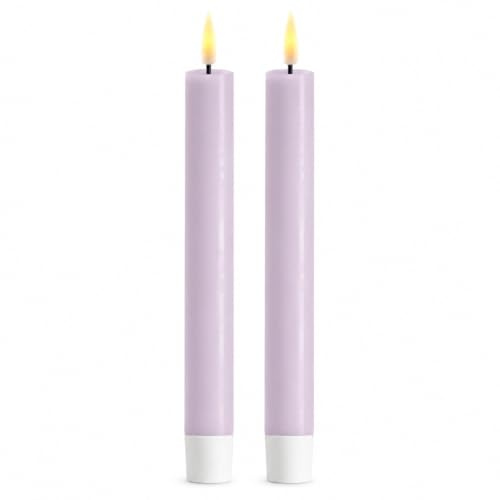 ReWu LED Stabkerze 2er Deluxe Homeart, Indoor LED-Stabkerze mit Realistischer Flamme auf einem Echtwachsspiegel, Warmweißes Licht, Light Purple, 15 cm, Echtwachs