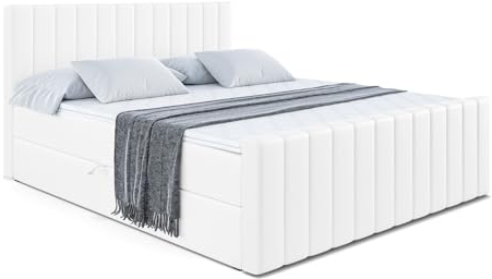 ALTDECOR Boxspringbett mit Matratze und Lattenrost, Boxbett, Topper, Fußteil, Polsterbett mit Bettkasten, Bett mit Stauraum H4-Matratze, Springboxbett - Edita-Z - 120x200 - Weiß Kunstleder