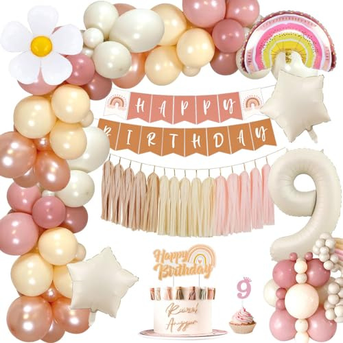 YYDSXK Geburtstagsdeko Mädchen 9 Jahre, Boho Retro Rosa Geburtstag Deko mit Happy Birthday Banner, Tassel, Folie Stern Luftballon, Cake Topper, Kindergeburtstag Deko für 9. Geburtstag Mädchen