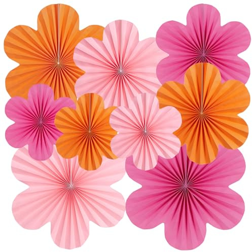 SUNBEAUTY 9 Stück Papier Fächer Dekoration Hanging Girlande Orange Blumen | Papierfächer Rosa Party Deko für Hochzeit Geburtstag Tischdeko Classroom Baby Shower Rose Backdrop Garland